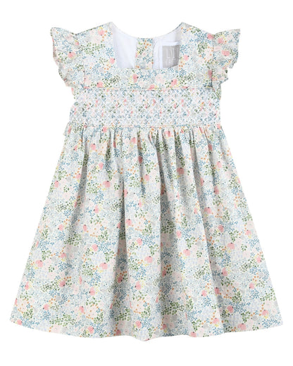 Pink Floral Print Smocked Flutter Dress