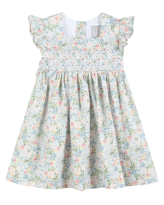 Pink Floral Print Smocked Flutter Dress