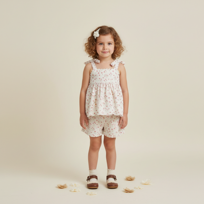 Organic Tie Up Top & Shorts Set - Pink  Bloom