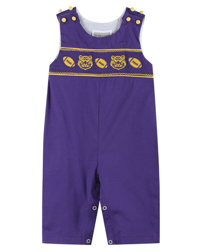 Purple and Gold Football and Tiger Smocked Overalls