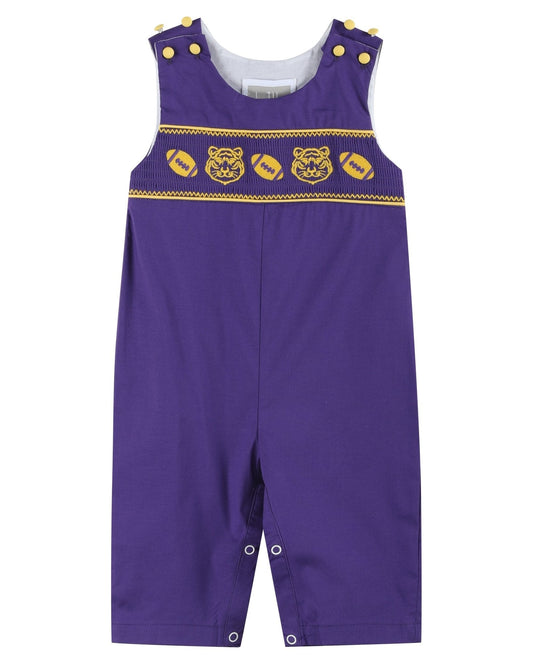 Purple and Gold Football and Tiger Smocked Overalls