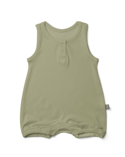 Beige baby romper with button details on a transparent background