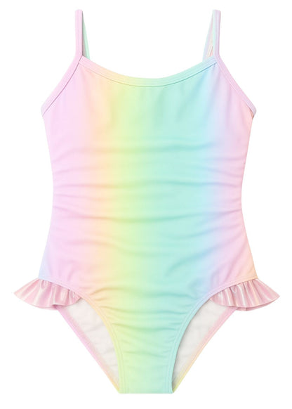 Rainbow Swimsuit with Pink Metallic Ruffles