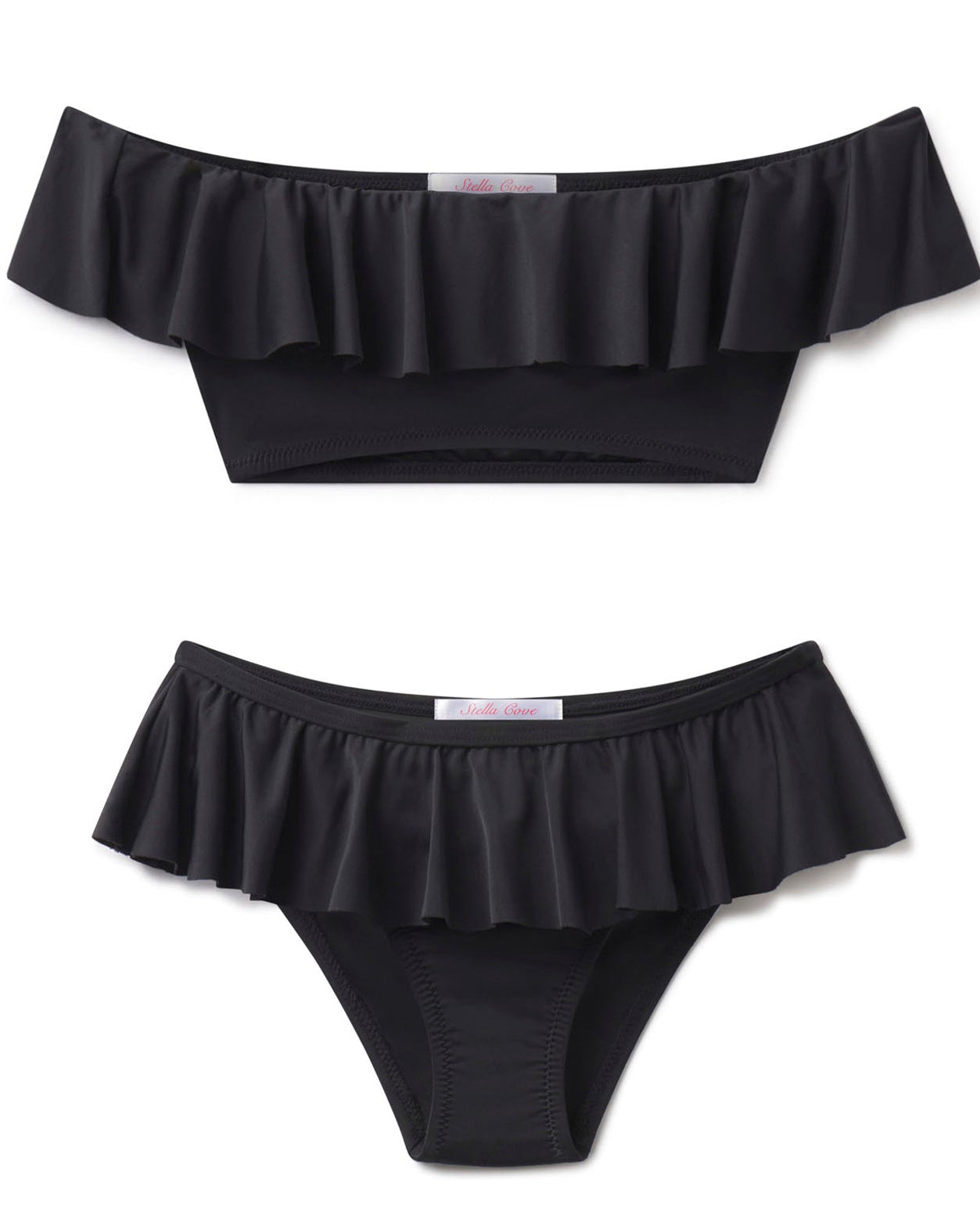 Black ruffled bikini set on a white background