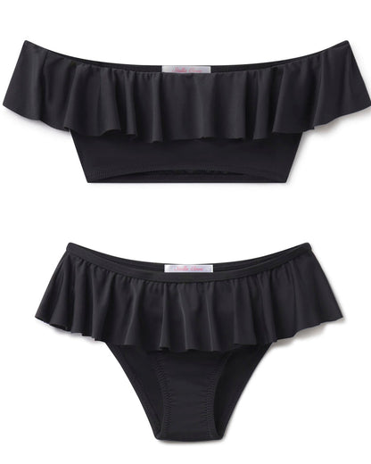 Black ruffled bikini set on a white background