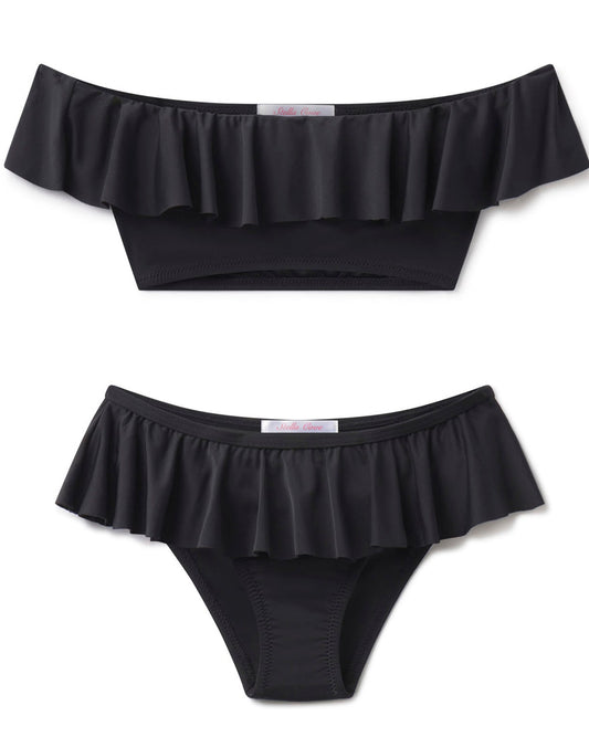 Black ruffled bikini set on a white background