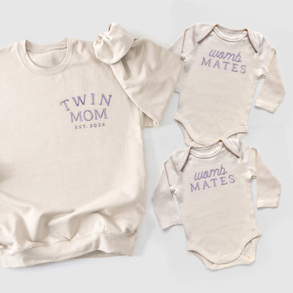 Custom "Womb Mates" Embroidered Baby Outfits for Twins & Triplets