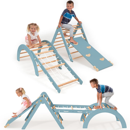 Children playing on a blue and wooden climbing frame with slide on a white background
